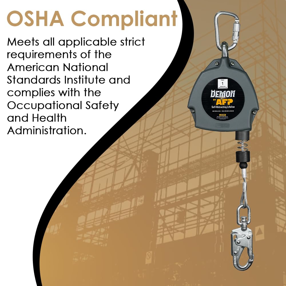 AFP Demon 30 FT Single Leg Self-Retracting Lifeline Cable Retractable | Steel Locking Snap Hook | Safety Yoyo | Fall Protection Arrest Limiter | Construction Industrial | OSHA & ANSI Rated SRL