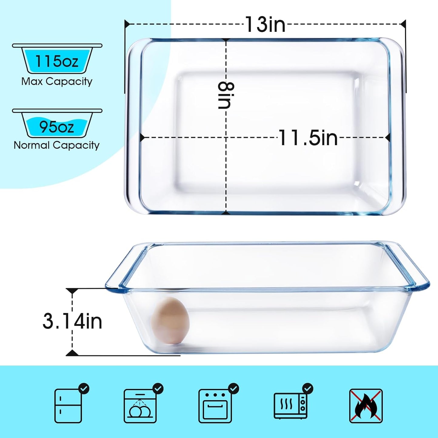 NUTRIUPS 3.7QT Rectangular Deep Glass Baking Dish - Durable Oven Bakeware for Casseroles