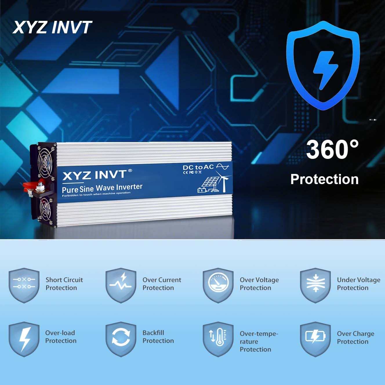 XYZ INVT 3000W Pure Sine Wave Inverter DC 12V to AC 110V 120V Power Inverter with Dual AC Outlets & Hardwire Terminal & LED Display for Solar,Home Backup Power,Outdoor Over 90% Efficiency