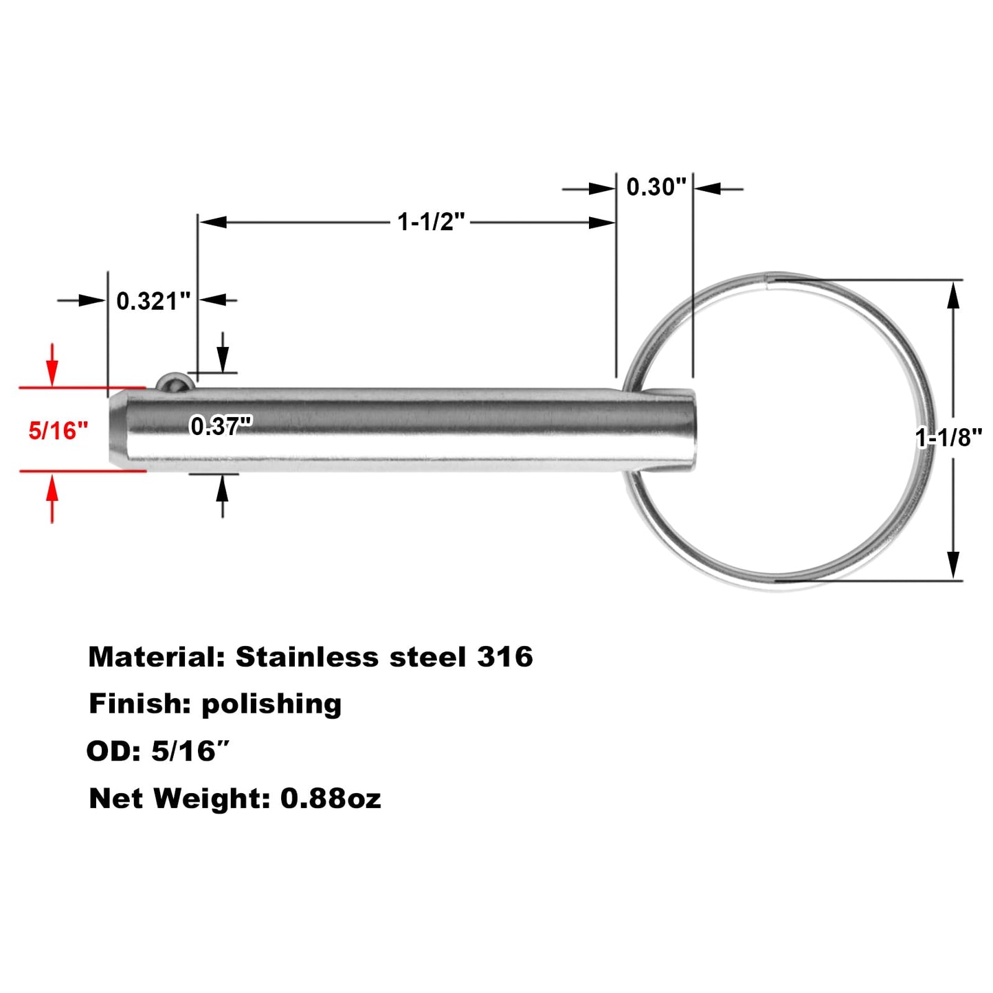 GBGS 10 Pack Quick Release Pin,Dia 5/16"(8mm),Usable Length 1-1/2",316 Stainless Steel,Bimini Top Pin,Marine Hardware