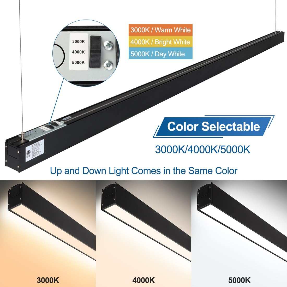 DAKASON 8FT LED Linear Light, 100W 8Foot LED Shop Light Fixture for Office, 70W Down Light and 30W Up Light Optional, 3/4/5000K CCT, 8Feet Black Commercial Pendant Strip Lighting 4 Pack