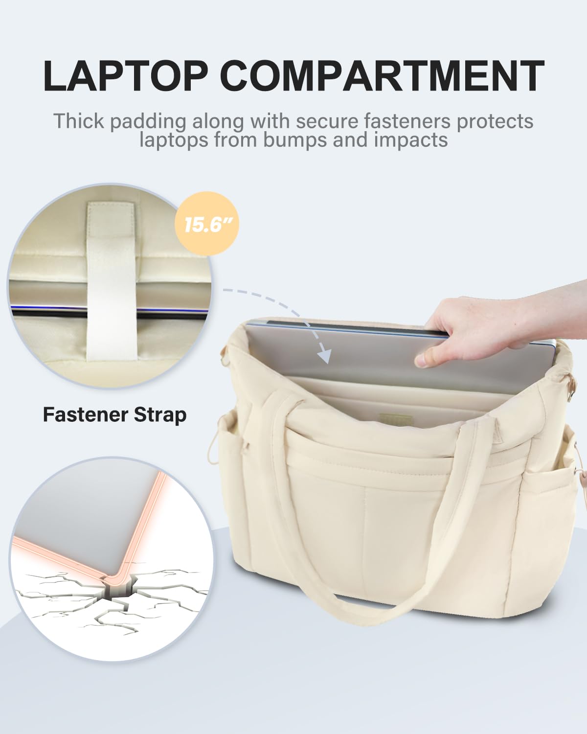 Tote Bag for Women, Puffer Work Tote Bag with 15.6 Inch Padded Compartment and Cup Holder, Shoulder Bag Handbag with Zipper for Travel Teacher Nurse, Beige