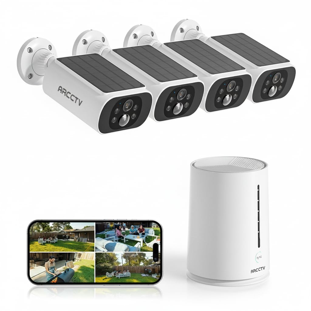 ARCCTV Solar Security Cameras Wireless Outdoor, 4 Cam-Kit, 4MP Solar Security Camera Wireless System, Color Night Vision, Motion Detection, No Monthly Fee, 32GB Memory Card