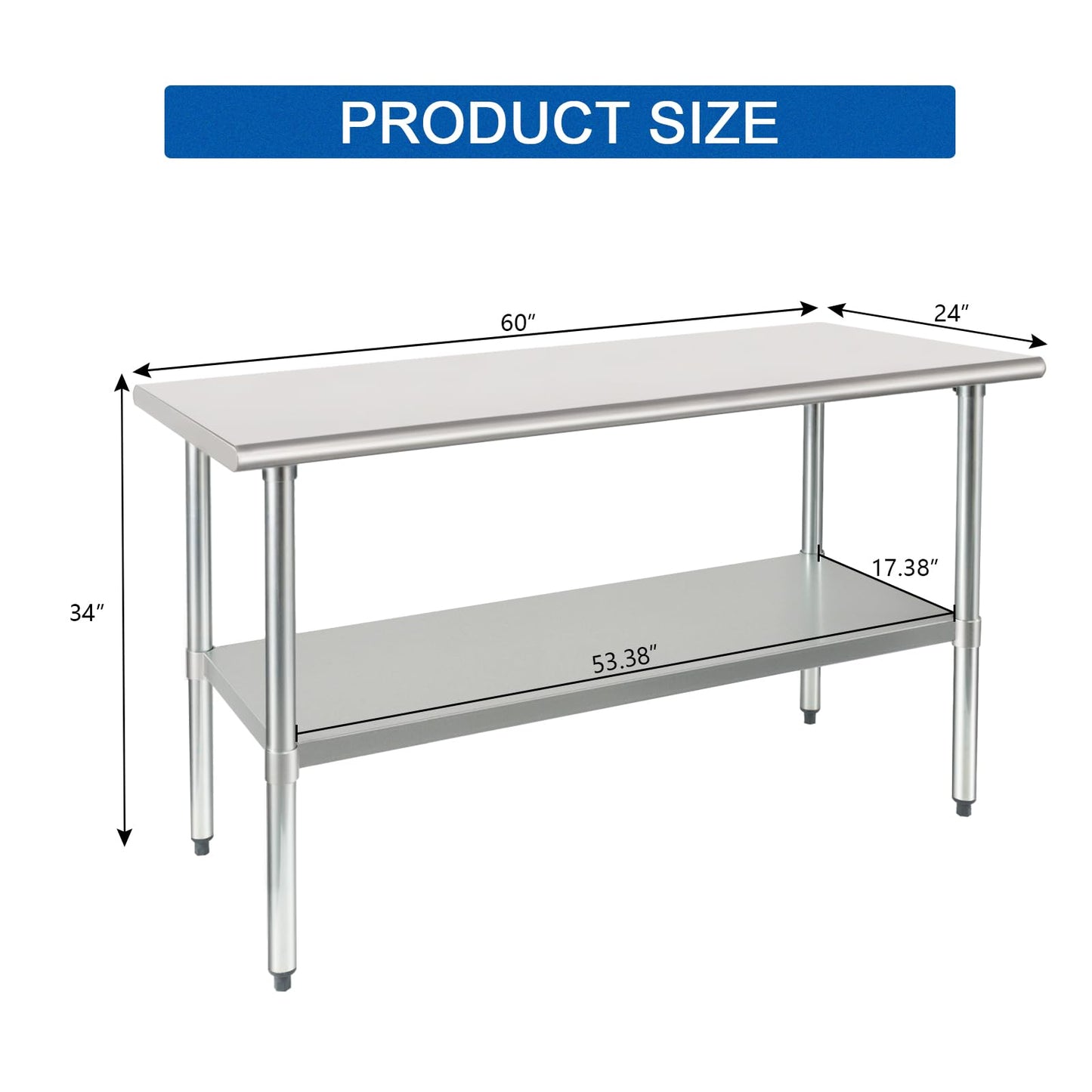 HARDURA Stainless Steel Table 24X60 Inches with Undershelf and Galvanized Legs NSF Heavy Duty Commercial Prep Work Table for Restaurant Kitchen Home and Hotel