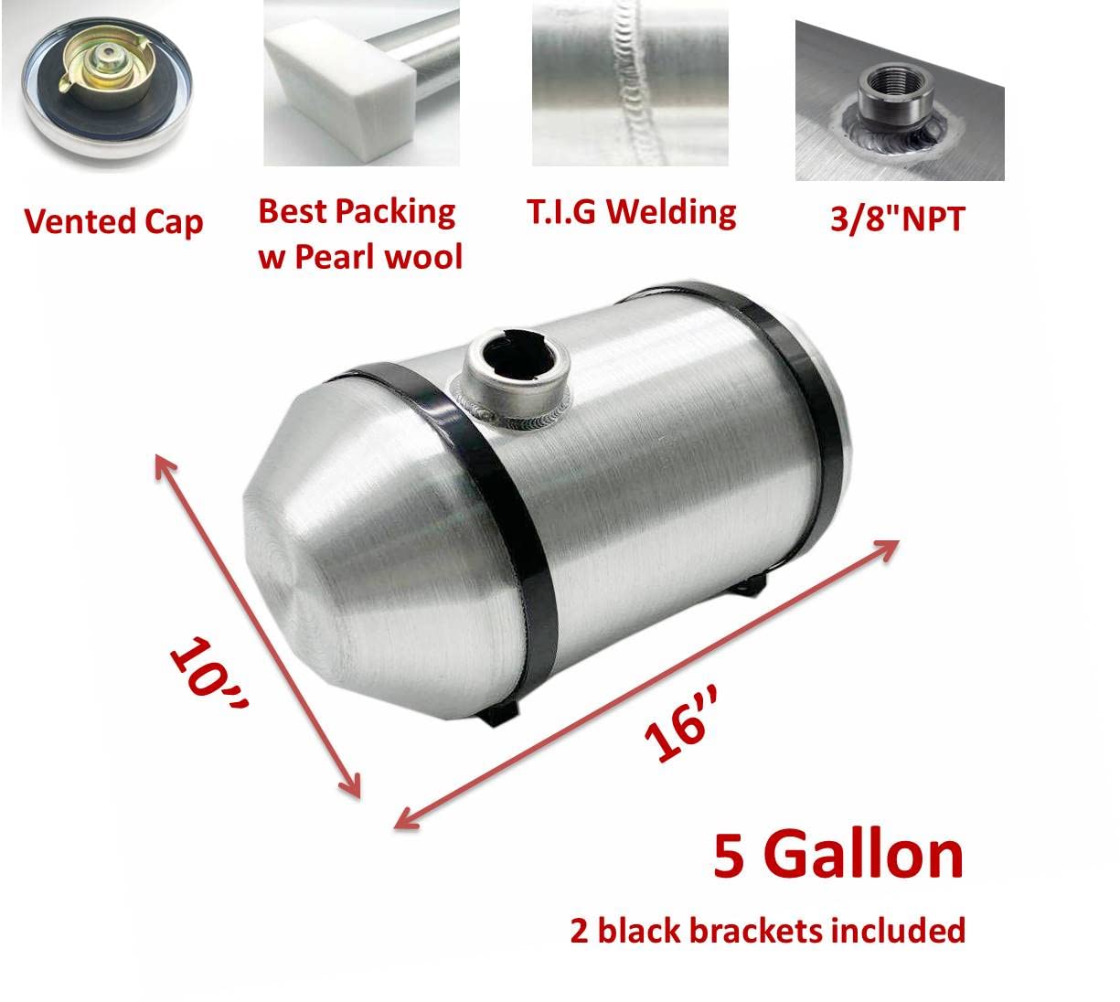 JSD 5 Galllons 10" x16" Spun Aluminum Gas Tank / Round Fuel Tank End Fill 3/8" NPT Outlet