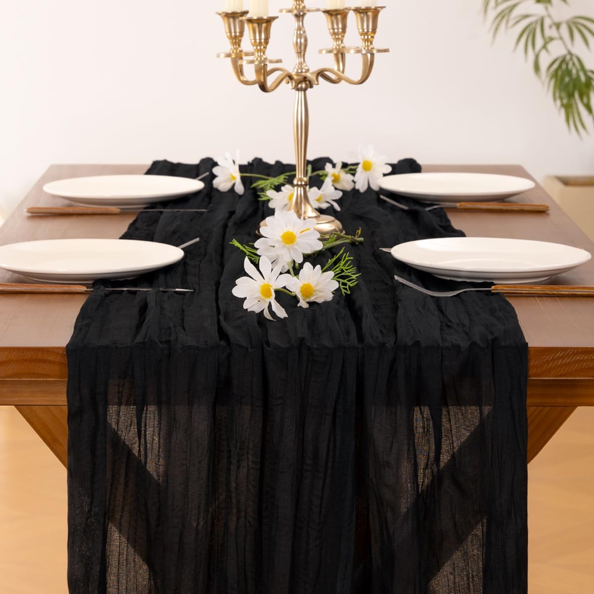 Socomi Black Cheesecloth Table Runner - 120 Inch Boho Rustic Decor for Weddings & Events