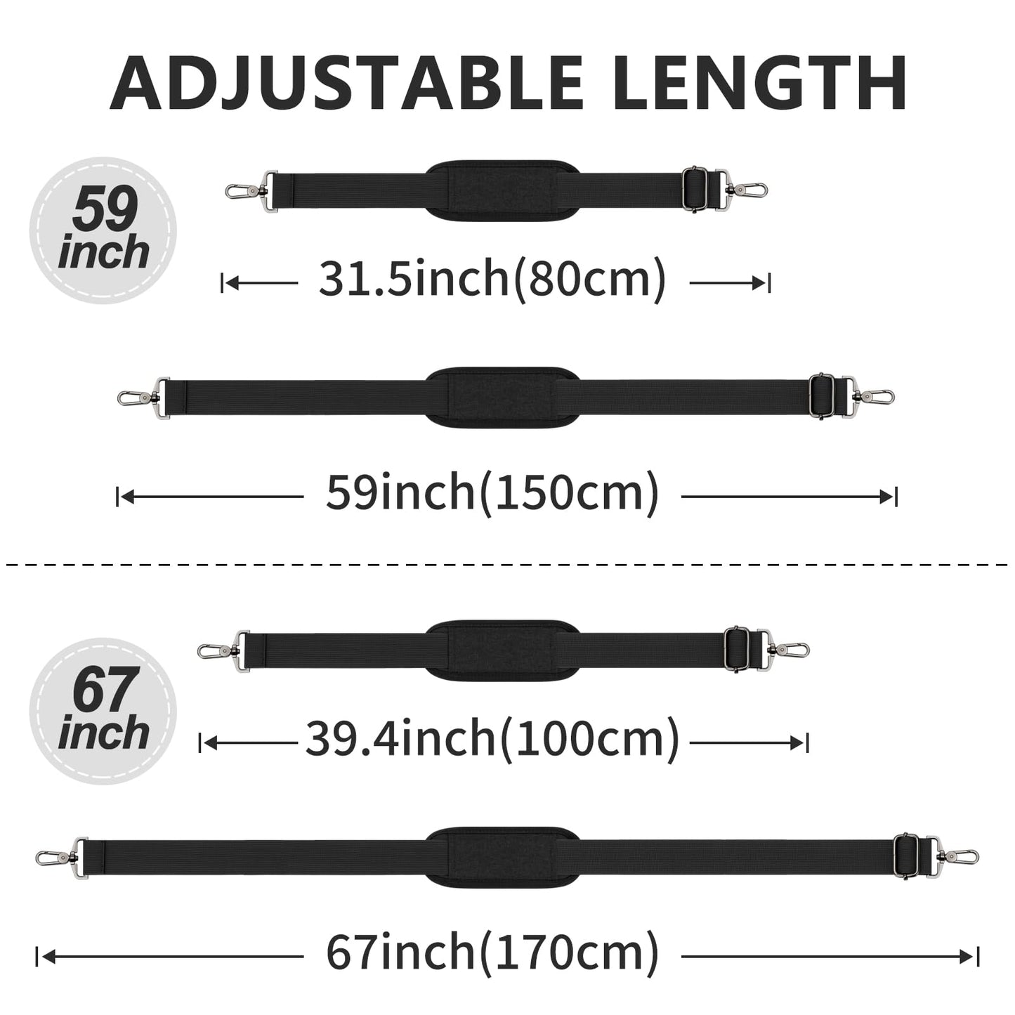 RAINYEAR 59 Inch Shoulder Strap for Bag, Adjustable Soft Padded Replacement Purse Strap with Metal Hooks for Laptop Bag, Shoulder Bag, Messenger Bag, Travel Duffel Bag, Crossbody Bag, Black