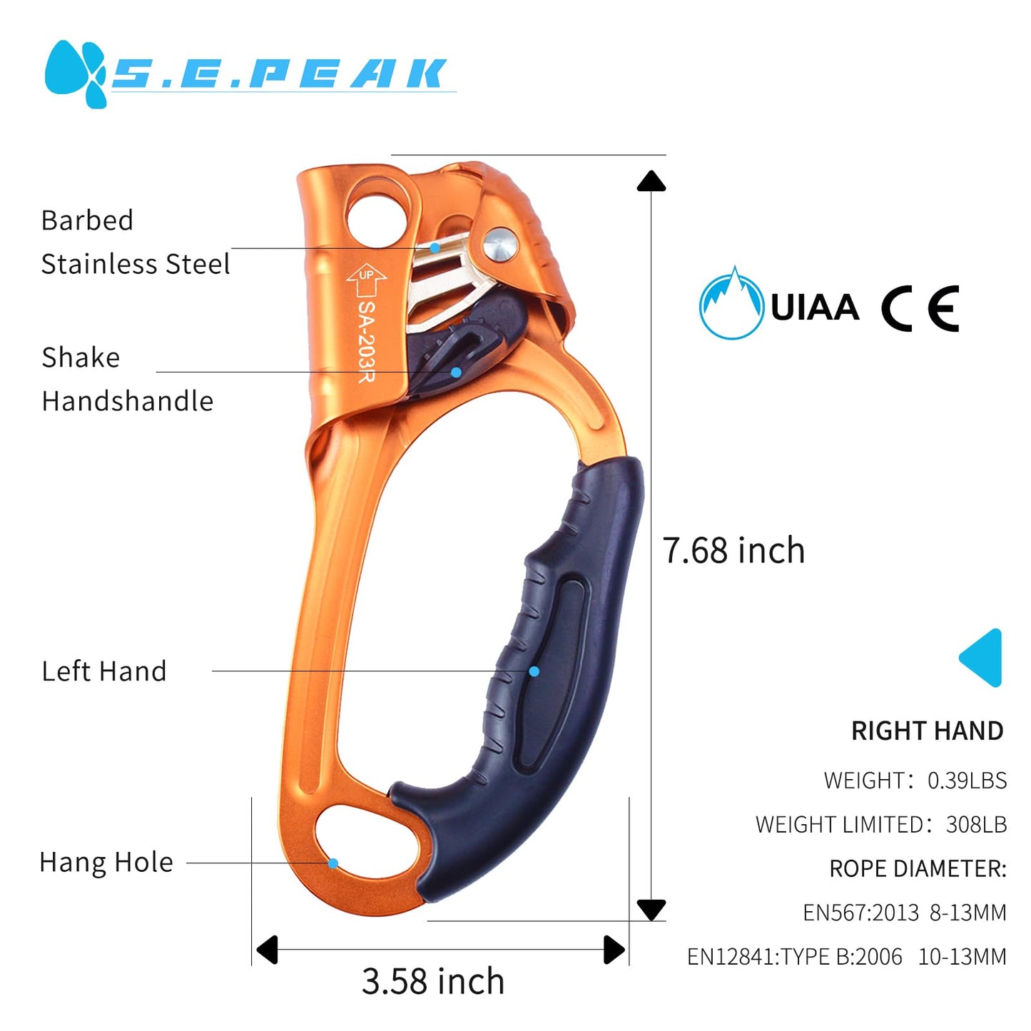 S.E.PEAK UIAA & CE Certified Climbing Rappelling Equip Hand Ascender for 8-13mm Rope Right Hand Orange