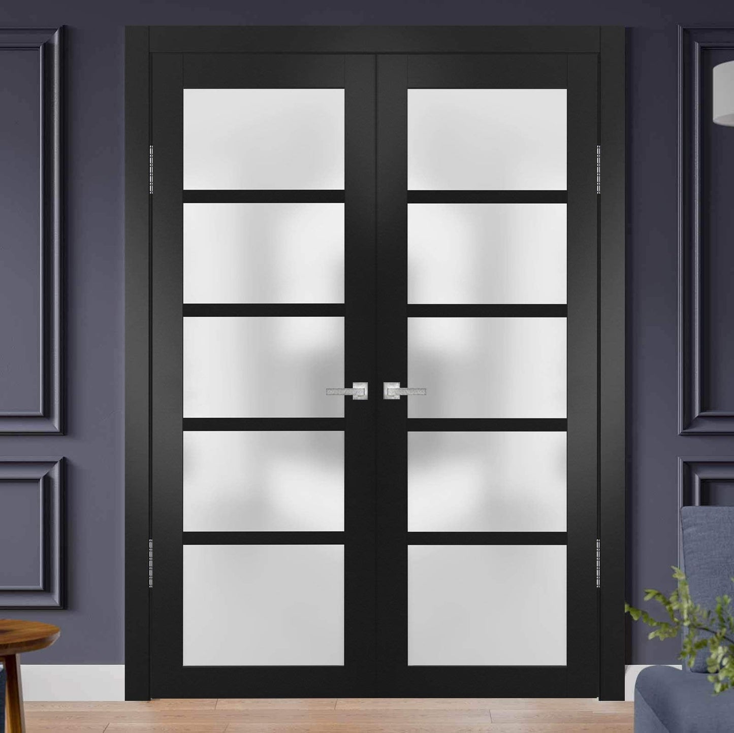 SARTODOORS Quadro 4002 | Double Swing Interior French Doors with Glass with Frosted Glass, MDF, Hardware Included, 60x80, Black, Modern