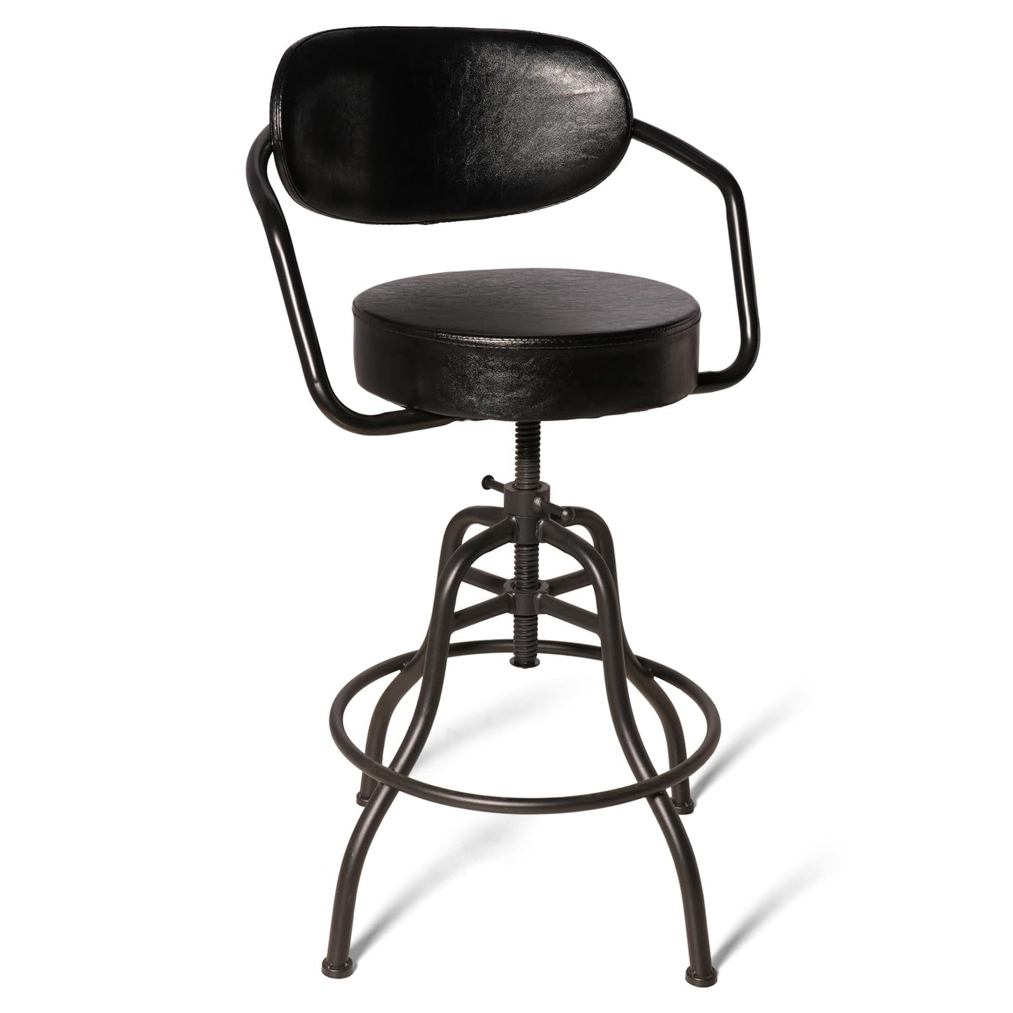 BOKKOLIK Industrial Office Chair with Backrest 21.7-25.6inch Height Adjustable Vintage Bar Stool with Swivel PU Seat Rustic Drafting Drawing Chair for Workbench Office Desk