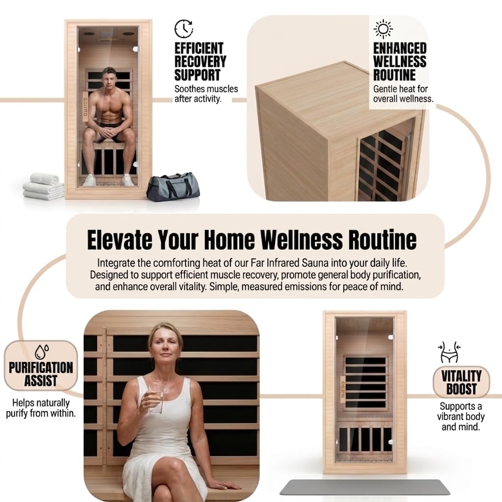 7-Color Wellness Light Infrared Sauna–1300W 110V 1-Person Indoor Wood Sauna in w/Carbon Crystal Heaters, Post-Workout Recovery & Spa Relaxation, Home Use Gift for Men & Women