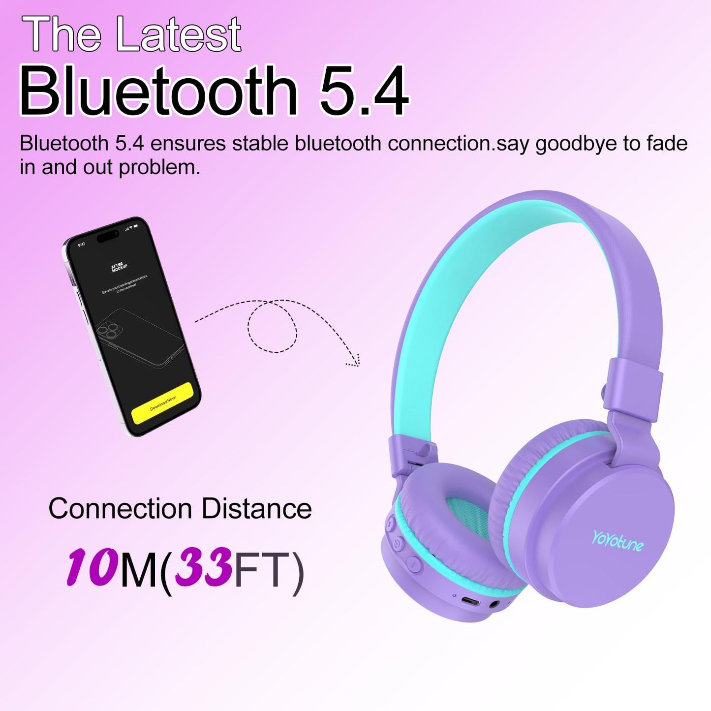 YOYOTUNE Wireless,85/94dB Volume,40H 5.3,Over Kids Bluetooth Headphones,Lightweight Kids Headphones Safe Playtime,Fast