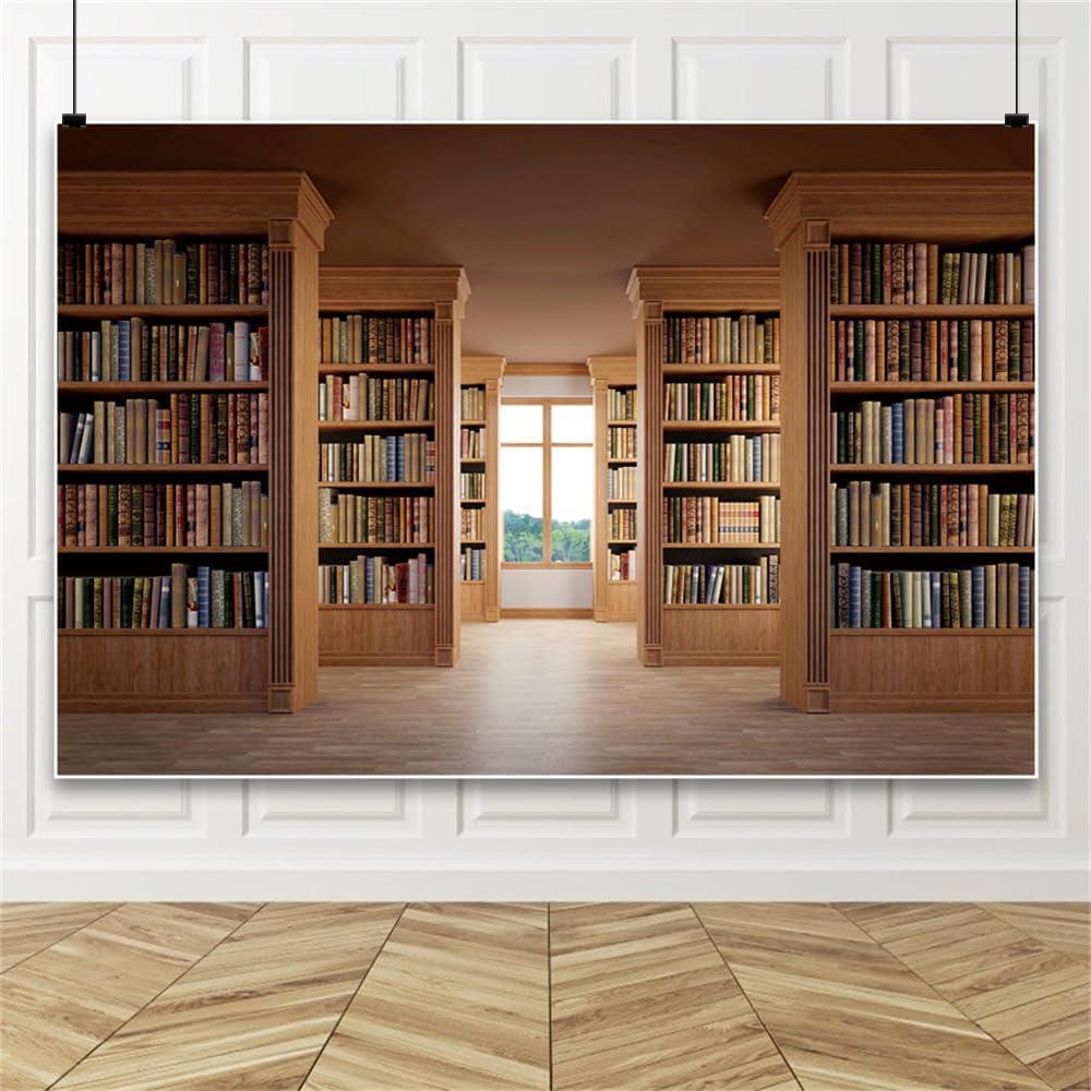 Laeacco 7x5ft Library Bookshelf Backdrop Wooden Bookcase Study Room School Ancient Books Photography Background