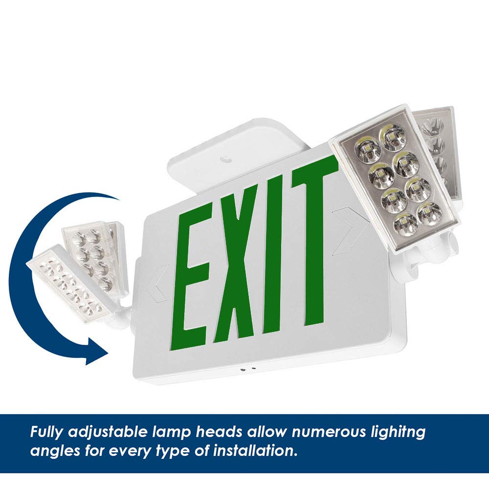 LFI Lights® Thin COMBO UL 924 Listed, Green LED, Exit Sign with Emergency Lights, White, 120-277VAC Hardwired with Battery Backup, Optional Double Face and Knock Out Arrows COMBOTGWBB 2 Pack