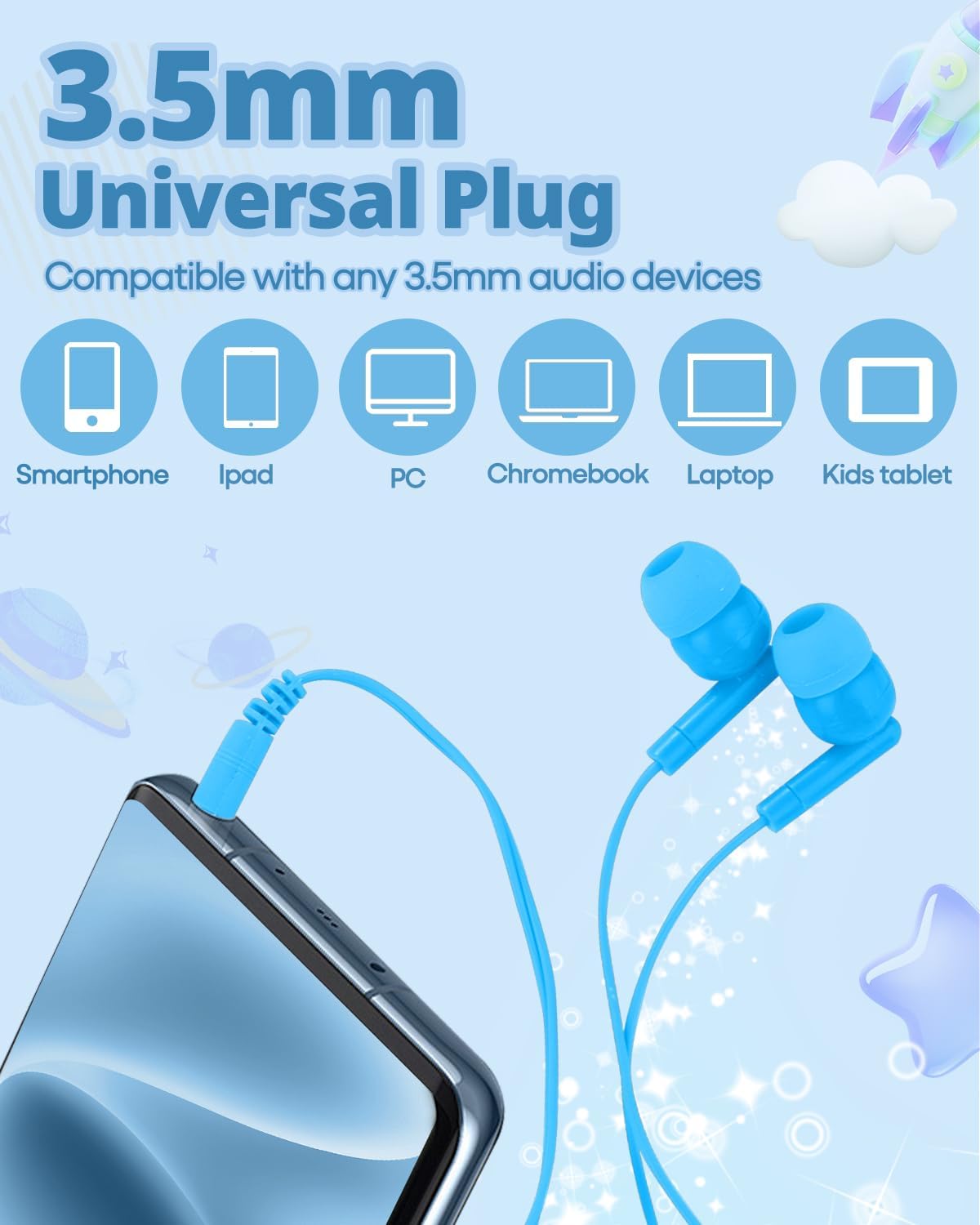 50 Pack Set 3.5mm Bulk Earbuds for Kids, Classroom Earbuds, Affordable in-Ear with Jack, Wired Headphones