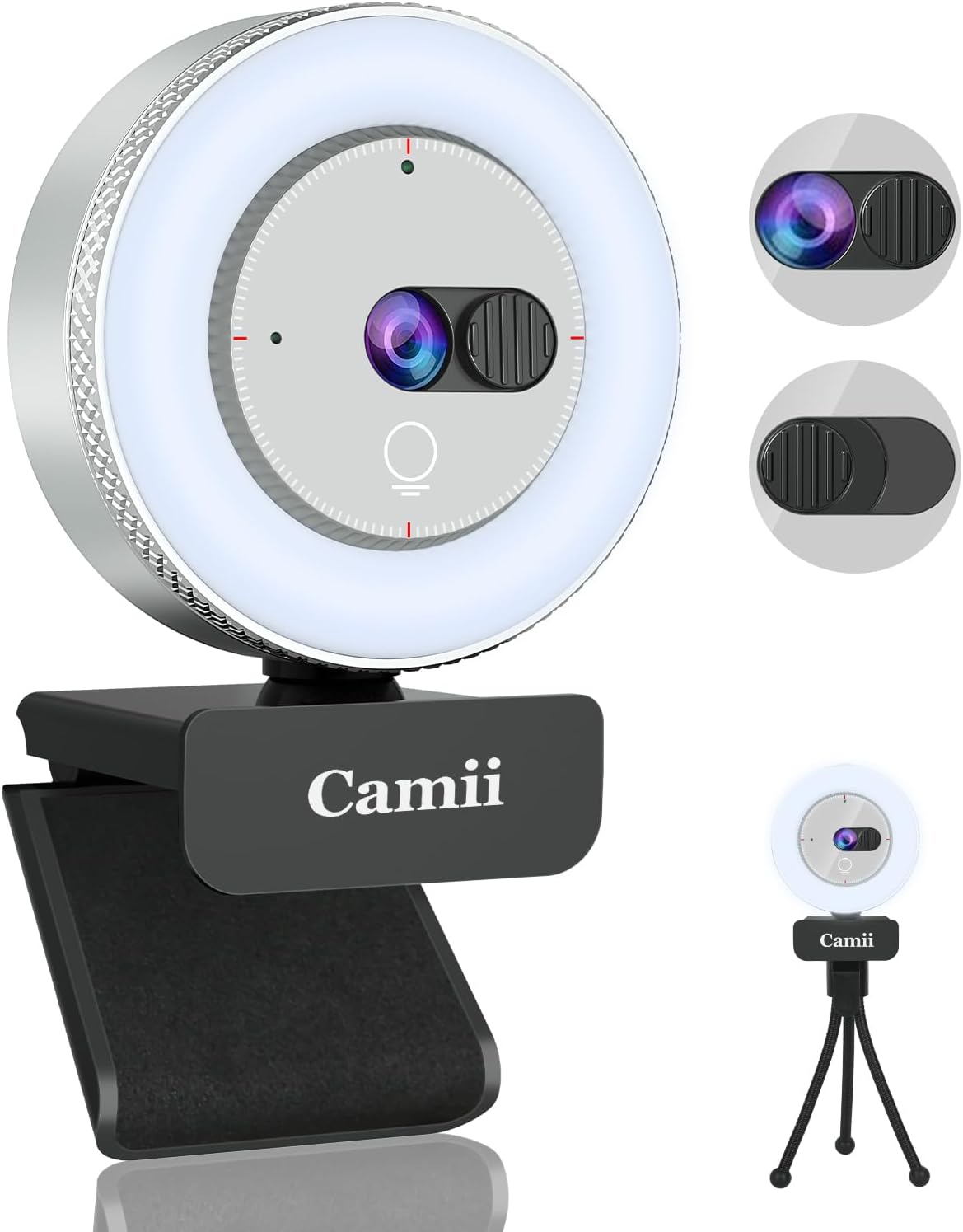Camii 2K Webcam with Light, HD Webcam for PC with Built-in Privacy Cover, Adjustable Brightness, Noise Reduction Mics