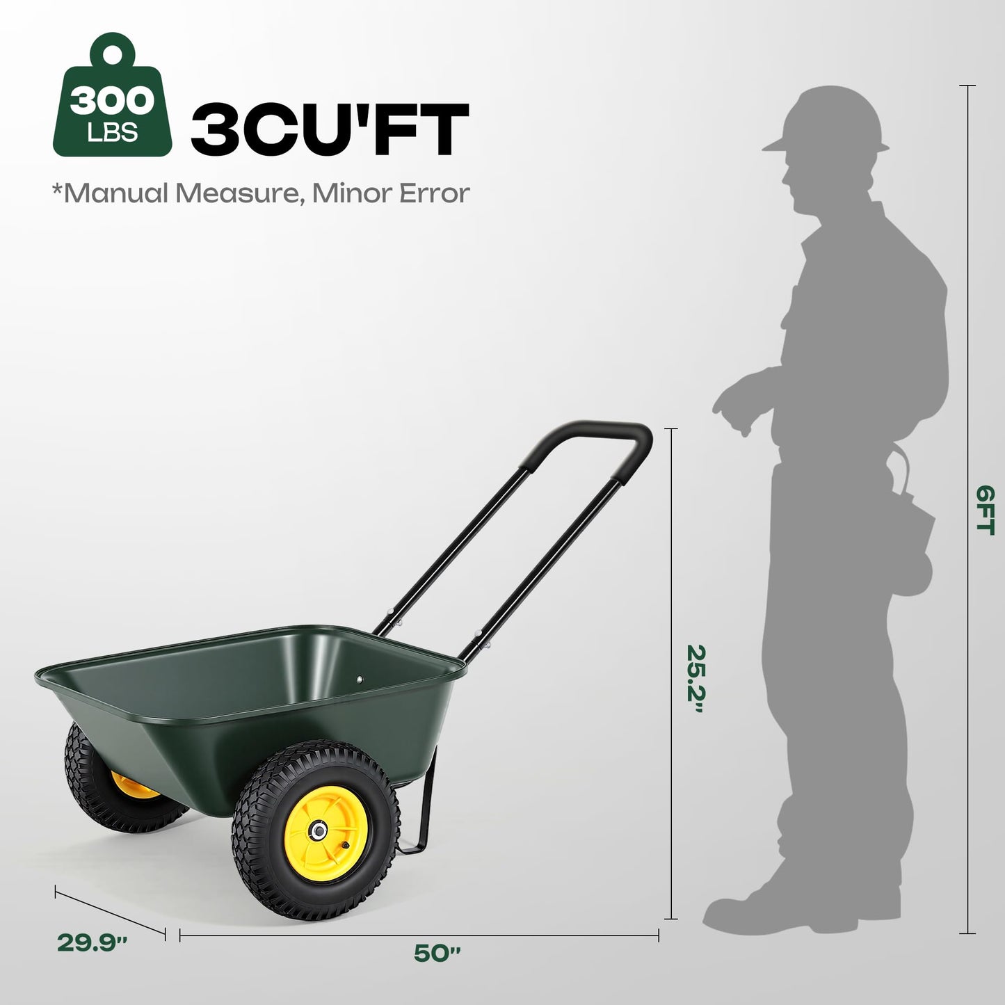 Autodaya 2 Wheel Wheelbarrow, Dual-Wheel Garden Dump Cart with 10" Non-Slip Pneumatic Tires & Ergonomic Padded Handle, Heavy-Duty Home Utility Yard Cart Wagon for Lawn, Farm, Porch, Gardening, Green