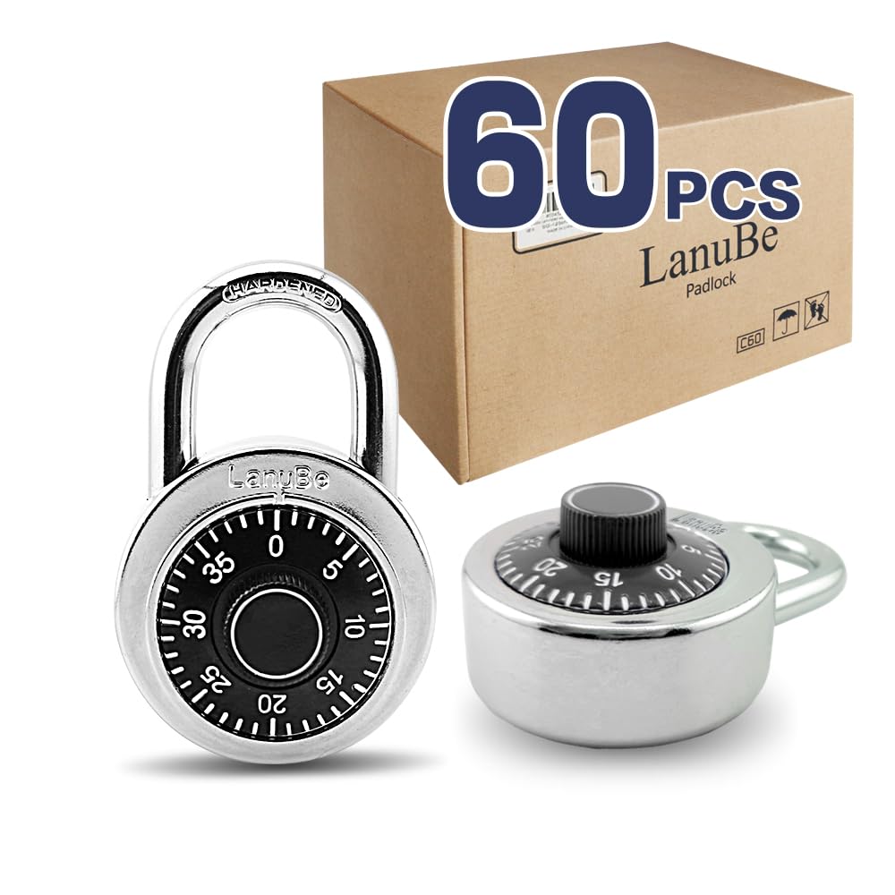 LanuBe Lock Standard Dial Combination Lock, 2 inch. Wide, with Different Combinations, Black Turnplate, Pack of 60; Lock for School, Employee, Gym Sports Locker, Case, Toolbox, and so on