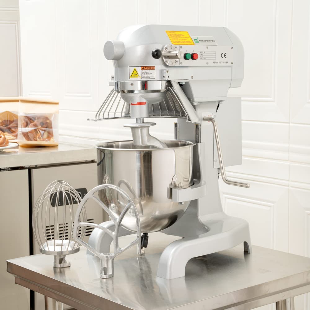 Restaurantware Hi Tek 10.6-Qt Planetary Mixer 1 No-Slip Feet Countertop Mixer - 3-Speed Removable Guard Silver Aluminum Cake Dough Mixer 110V/60Hz Includes Dough Hook Whisk & Beater