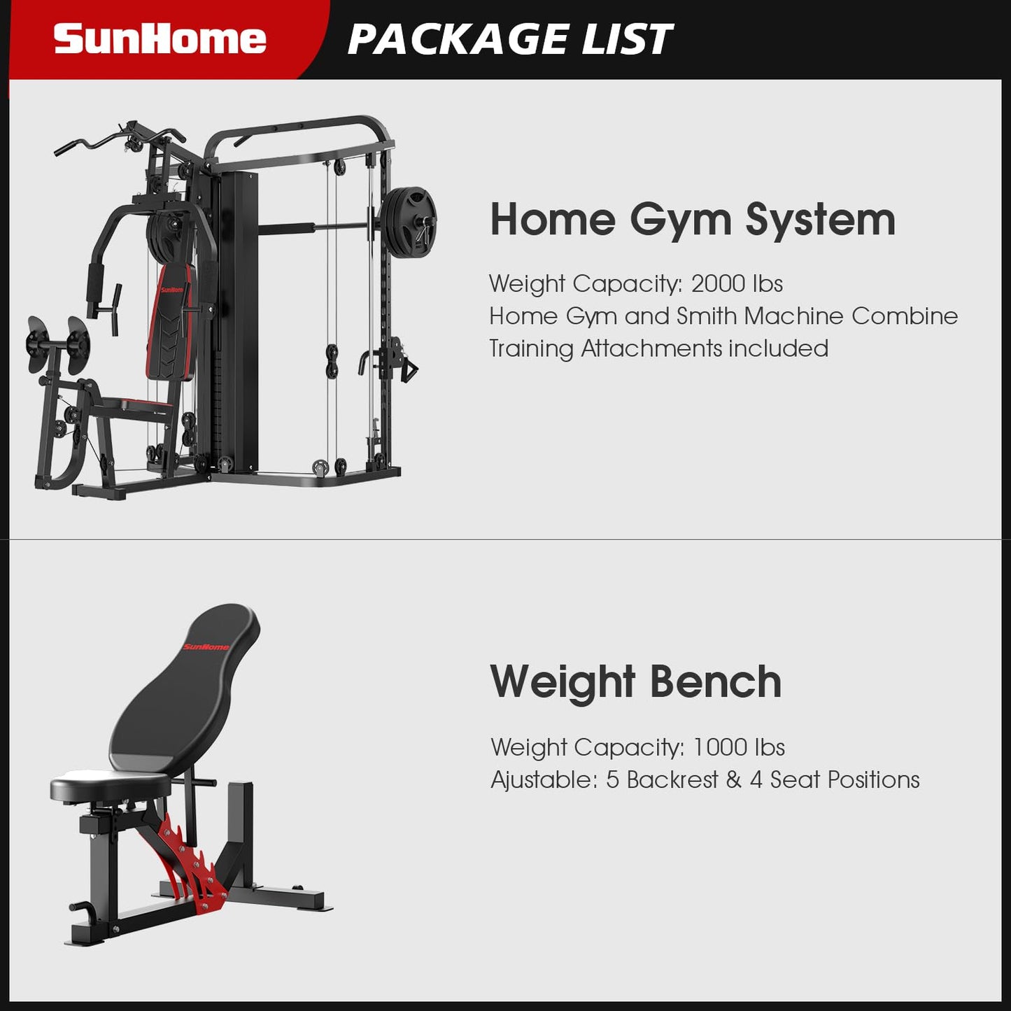 SunHome Multifunction Home Gym Equipment Workout Station, Smith Machine with 138LB Weight Stack and Bench, Leg Press, LAT Station for Full Body Training