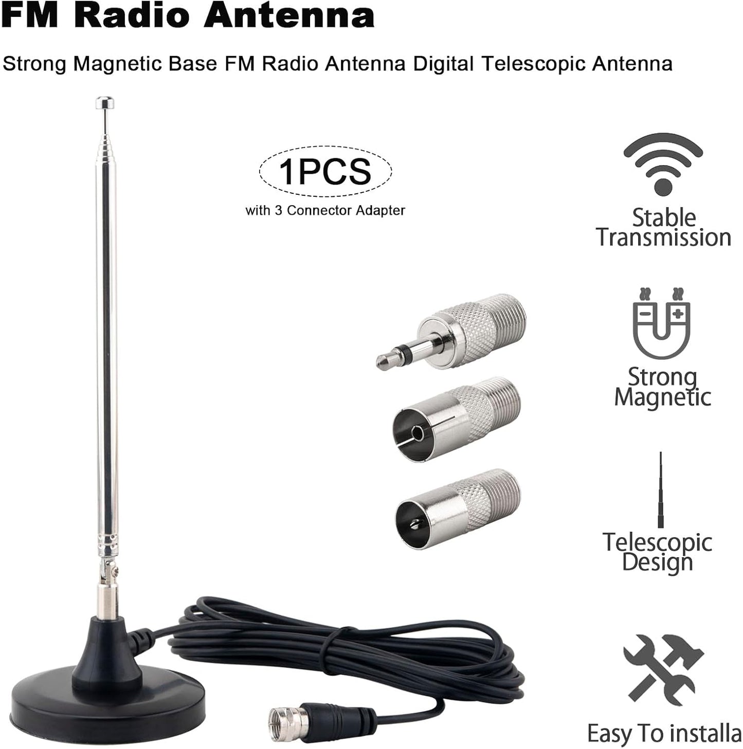 Kaunosta 10ft FM Antenna for Stereo Receiver Indoor, Telescopic FM Radio Antenna Heavy-Duty Magnetic Base with Cable