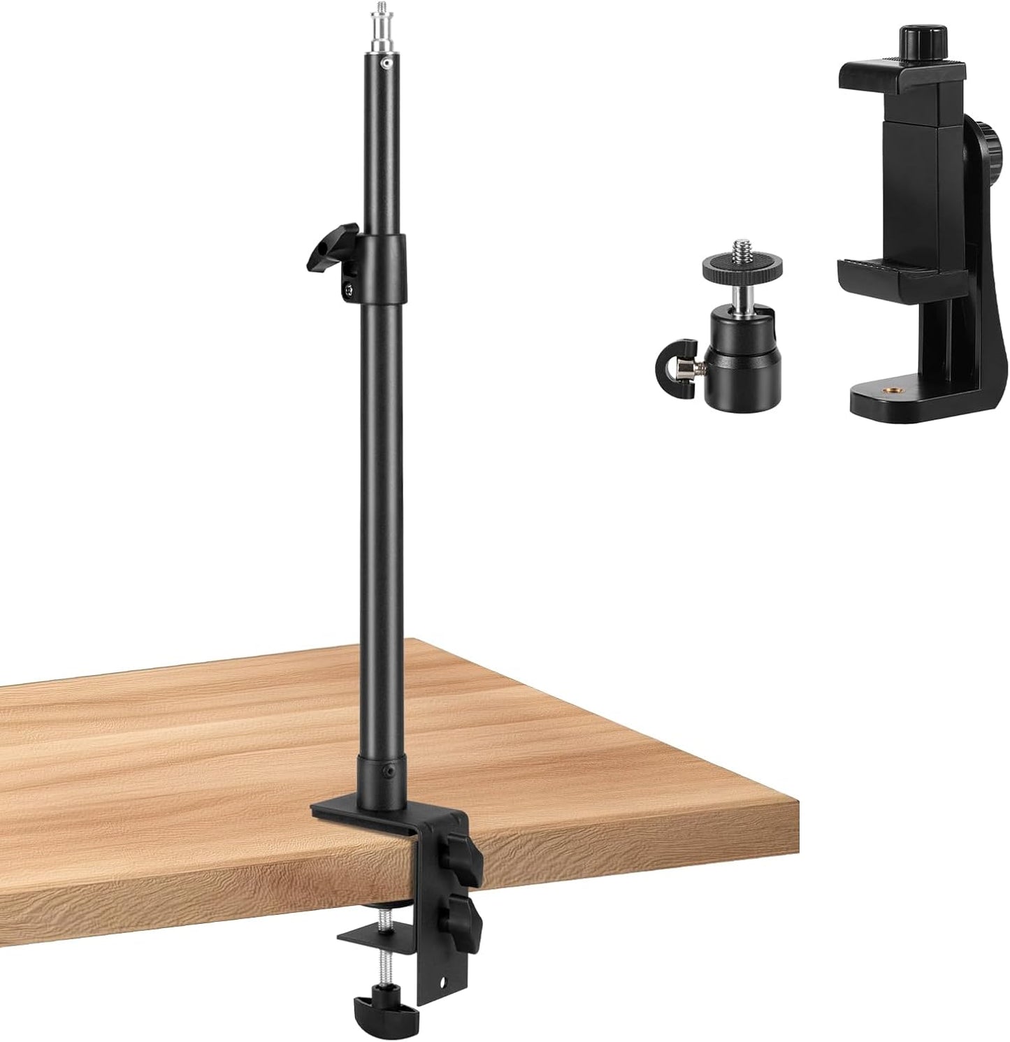 1/4" 14"-23.6" Camera Desk Mount Stand with Ball Head and Phone Holder Clip, Desktop Light Stand, Adjustable Light