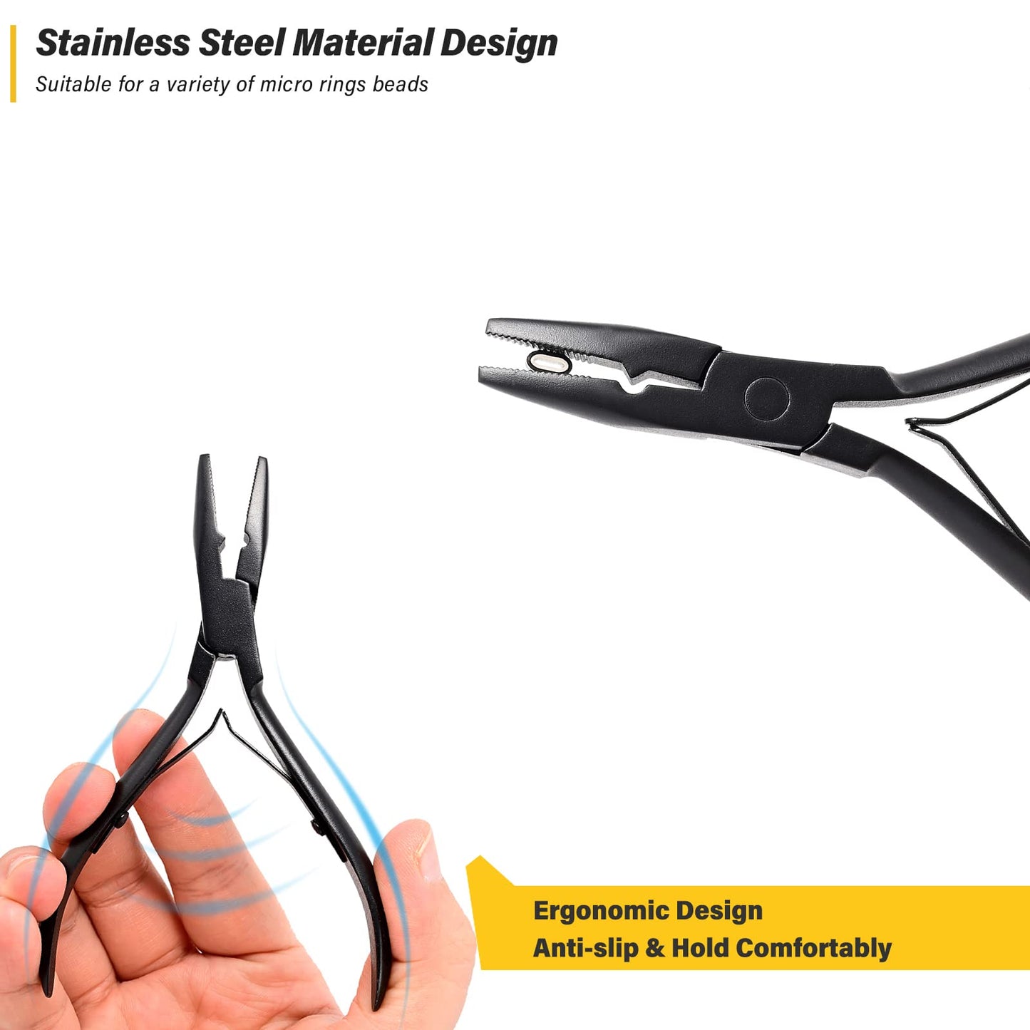 Gomake Microlinks Hair Extensions Kit, Hair Extension Closer and Removal Pliers, Micro Beads Pulling Hook & Microbead Loop Tool, Micro Links Silicone Rings Bead 200PCS(Black)