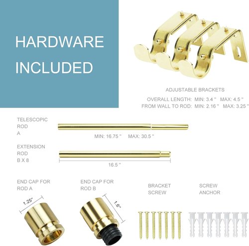Byondeth Curtain Rods - Adjustable 16 to 144 Inches | 1 Inch Diameter with Elegant Gold Aluminium Finials