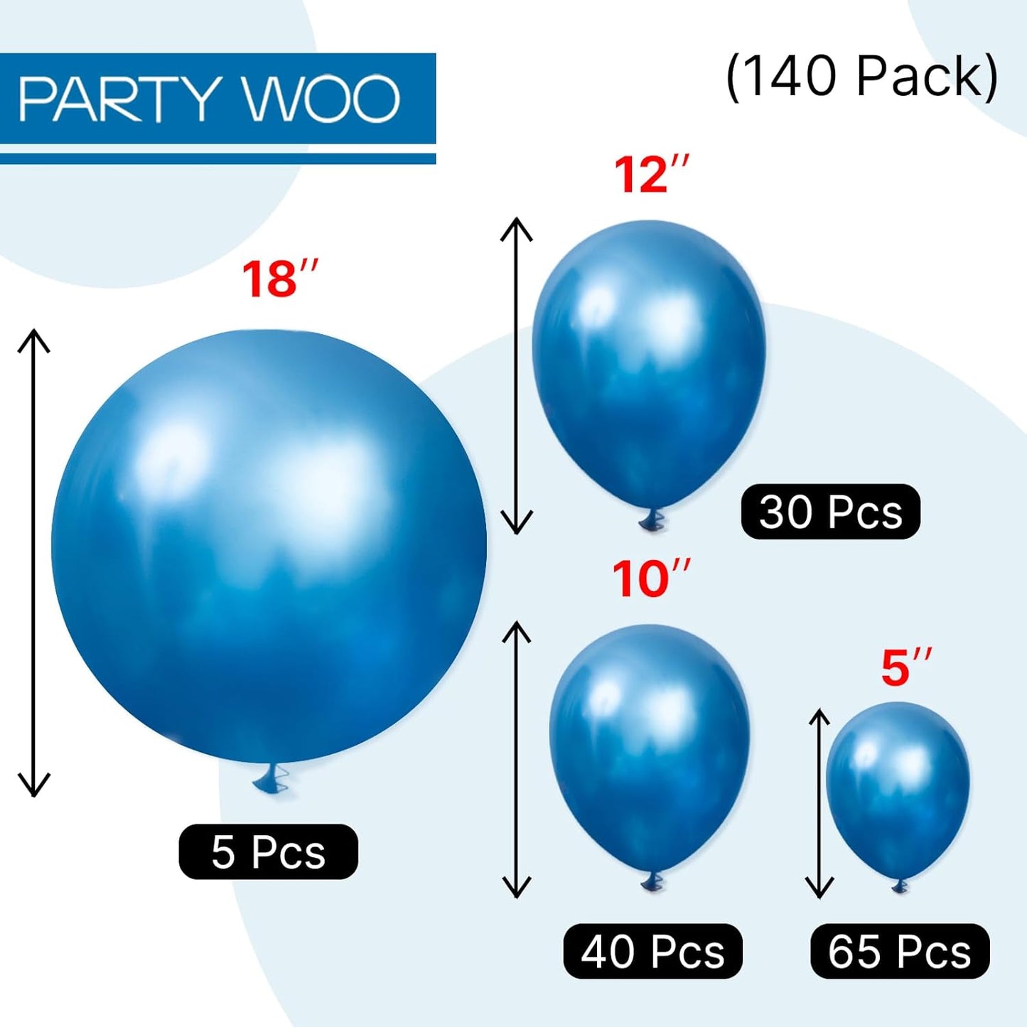 PartyWoo Metallic Blue Balloons - 140pcs Chrome Latex Balloons in 5-18 Inch Sizes for Celebrations