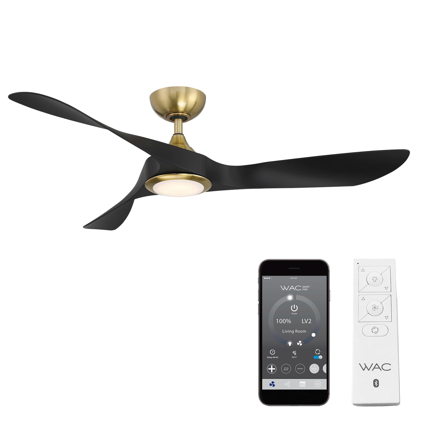 WAC Lighting Swirl 3-Blade Aluminum Smart Ceiling Fan in Soft Brass/Matte Black