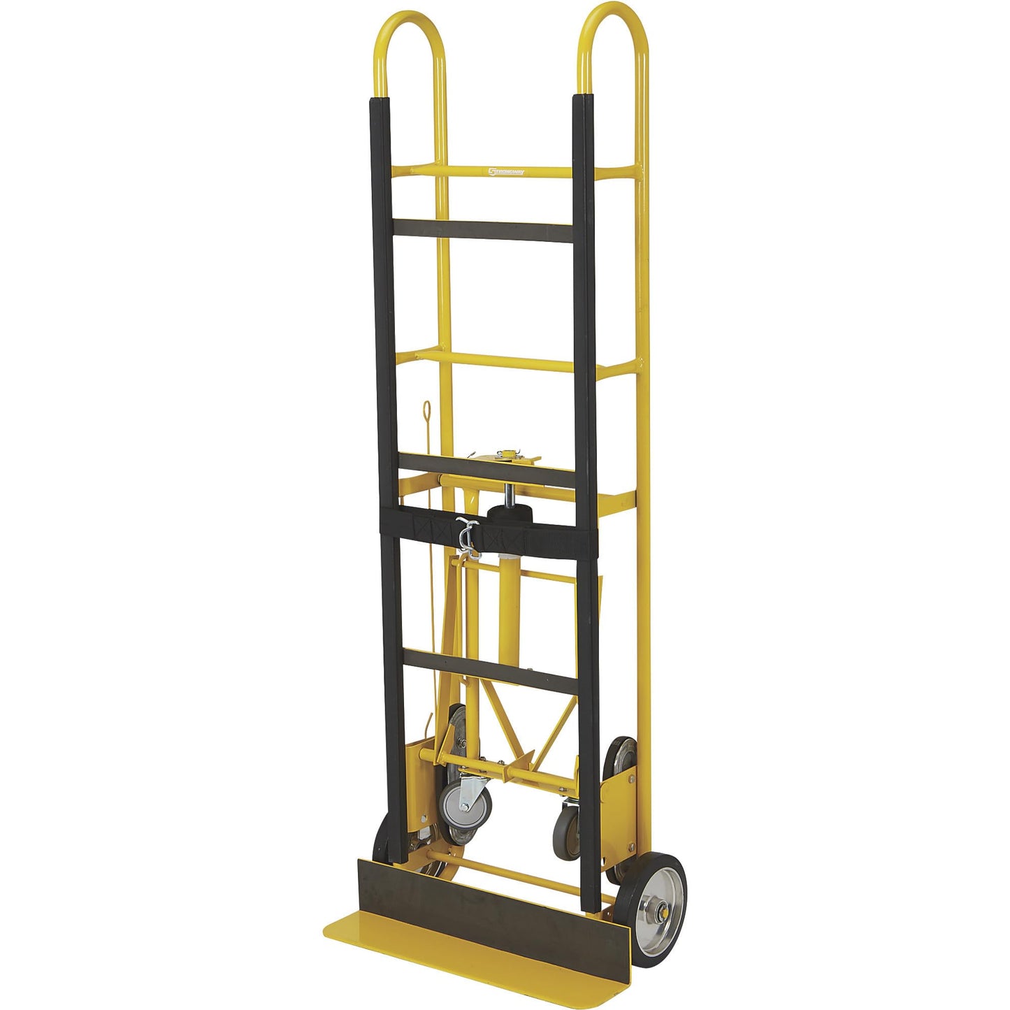 Strongway Industrial Hand Truck – 1200 lb Capacity Heavy-Duty Appliance Dolly, Convertible 2/4-Wheel Design, 8" Rubberized Wheels, Auto-Rewind Ratchet Belt & Stair-Climbing Capability