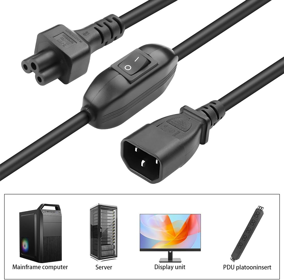 TEWOXIN 0.6M C14 C5 (10A 250V) (0.6M C14 C5 IEC to Power Cord with On/Off Switch for Laptop Power Supply, Projector