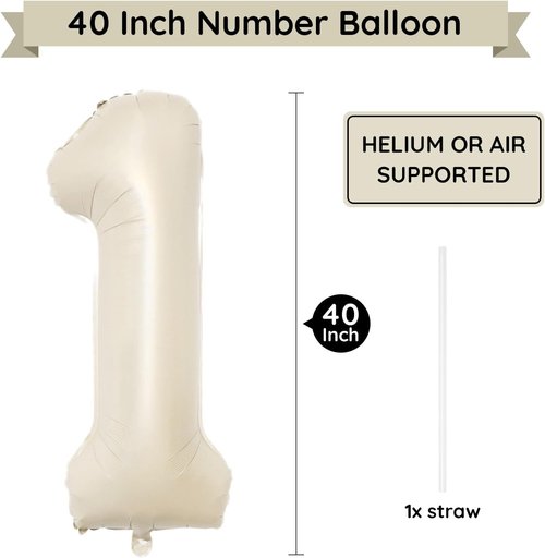 Beige Number Balloon 1 by [Brand Name] - 40 Inch Large Cream Foil Mylar Balloon for Birthday & Wedding Celebrations