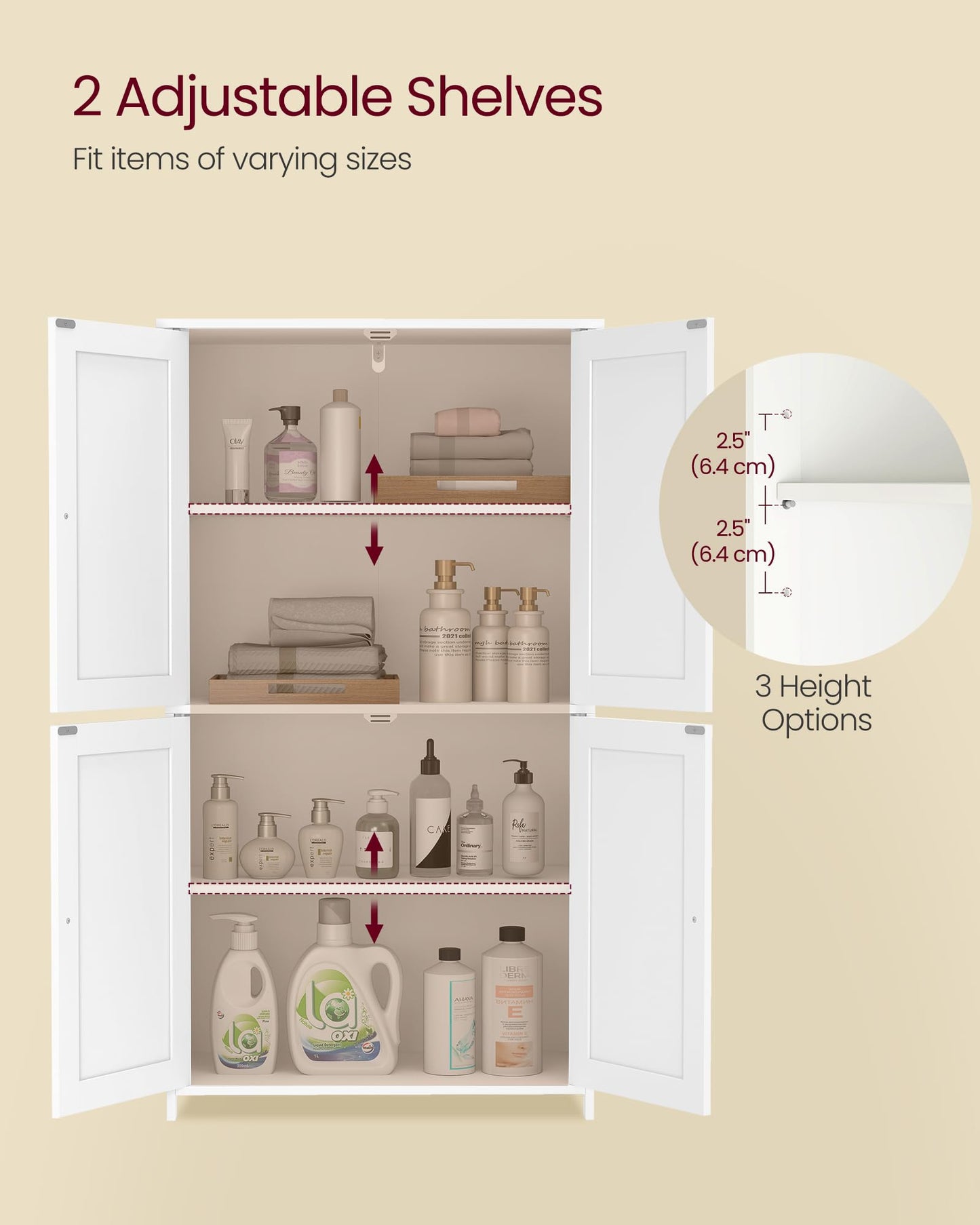 VASAGLE Floor Storage Cabinet, Shaker Cabinet with 2 Adjustable Shelves, 4 Doors, Tall Freestanding Organizer Unit, for Kitchen Bathroom Living Room, Cloud White UBBC553WH01S