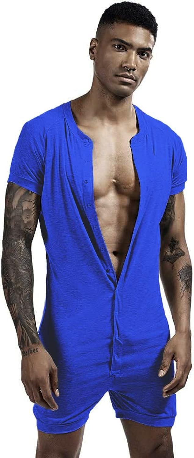 GYMAPE Mens Short Sleeve Onesie Henley Jumpsuit Pajamas Stretchy Cotton One Piece Garment Blue S
