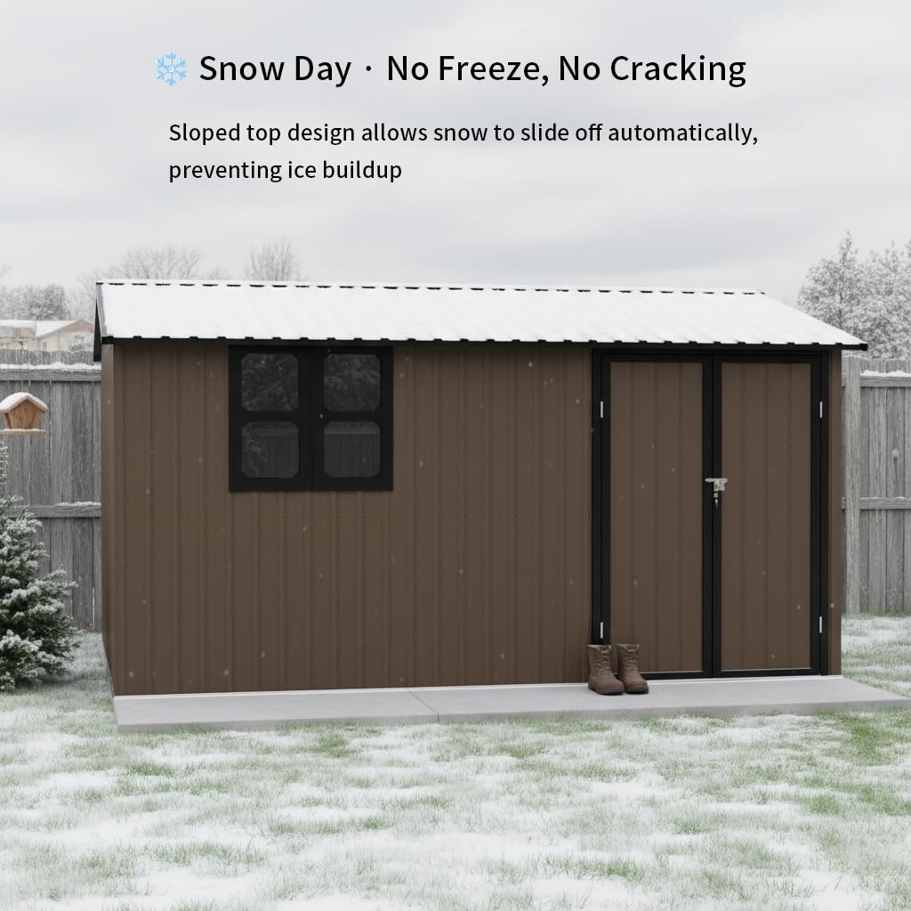 KEIKI 12x10 Ft Metal Outdoor Storage Shed Garden with Window, Foldable Worktable & Shelves, Lockable Door, Waterproof Apex Roof Heavy Duty Tool House for Backyard Garden Lawn, Brown