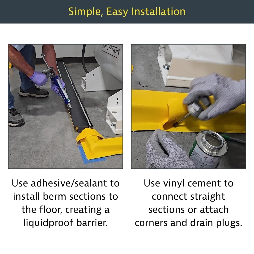 Justrite Make-A-Berm™ Fuel Spill Containment Curbs 15' Long x 1.5" High Straight Section, Custom Chemical Spill Containment Berm System, Yellow PVC Coated Fabric, Made in The USA, 28486