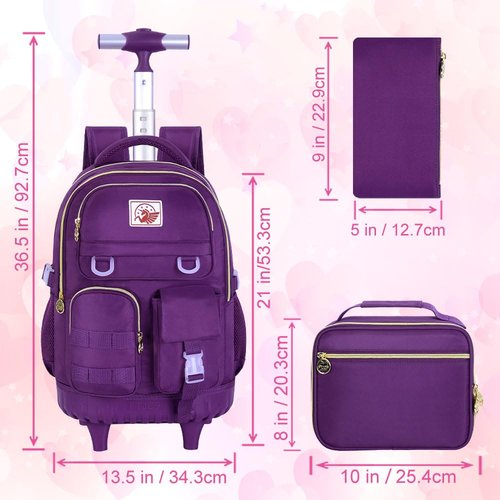 CCJPX 3PCS Rolling Backpack for Girls, Women Roller Bookbag with Lunch Box for Adults, Water Resistant Wheeled School Bag for Teens Kids Travel - Dark Purple
