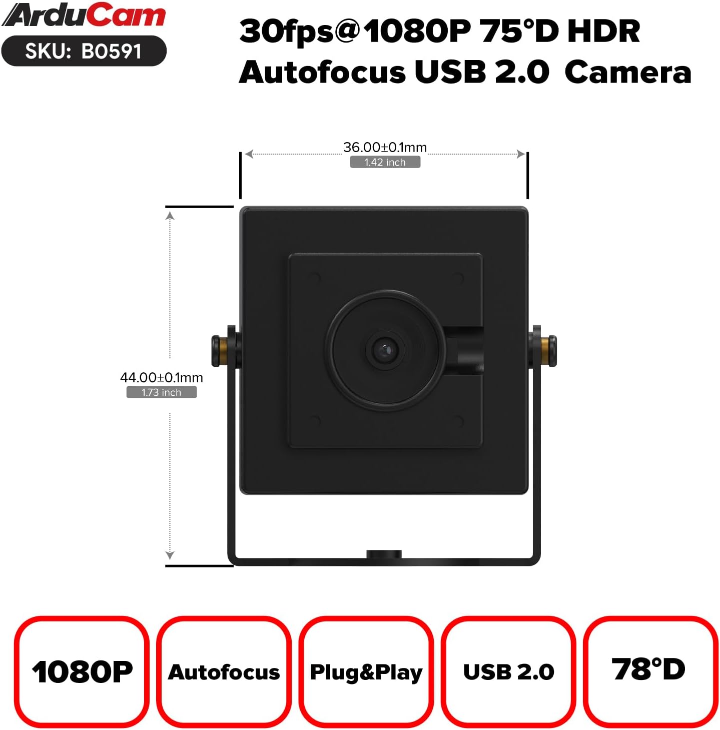 Arducam 30fps@1080P 78(D) HDR USB Camera Module, Autofocus UVC Camera, Mini Webcam for Windows, Linux, Mac OS, Android