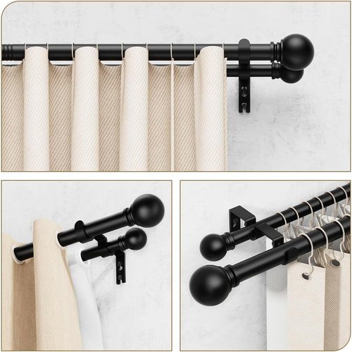 GXOACKJ Double Curtain Rods - Adjustable Heavy-Duty Drapery Rods for Windows 72-144 Inches | Black Finish