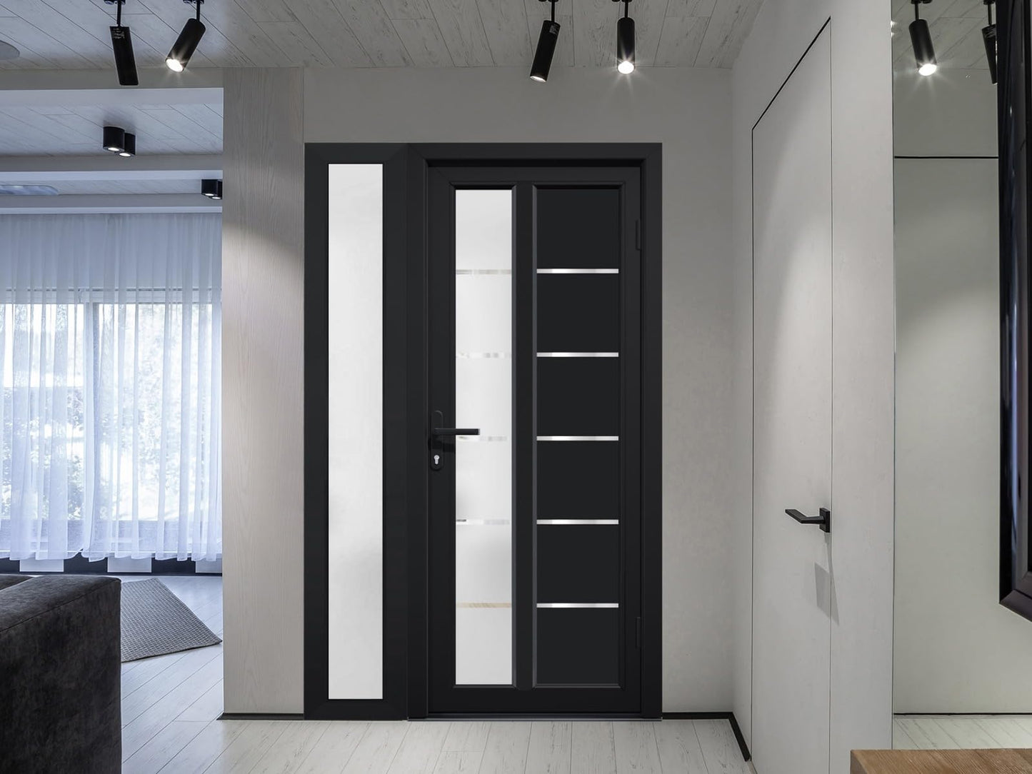 VDOMDOORS Front Exterior Prehung Fiberglass Door Frosted Glass/Manux 8088 Matte Black/Side Exterior Window/Entrance Patio Garage-W30+12" x H80-Left-hand Inswing