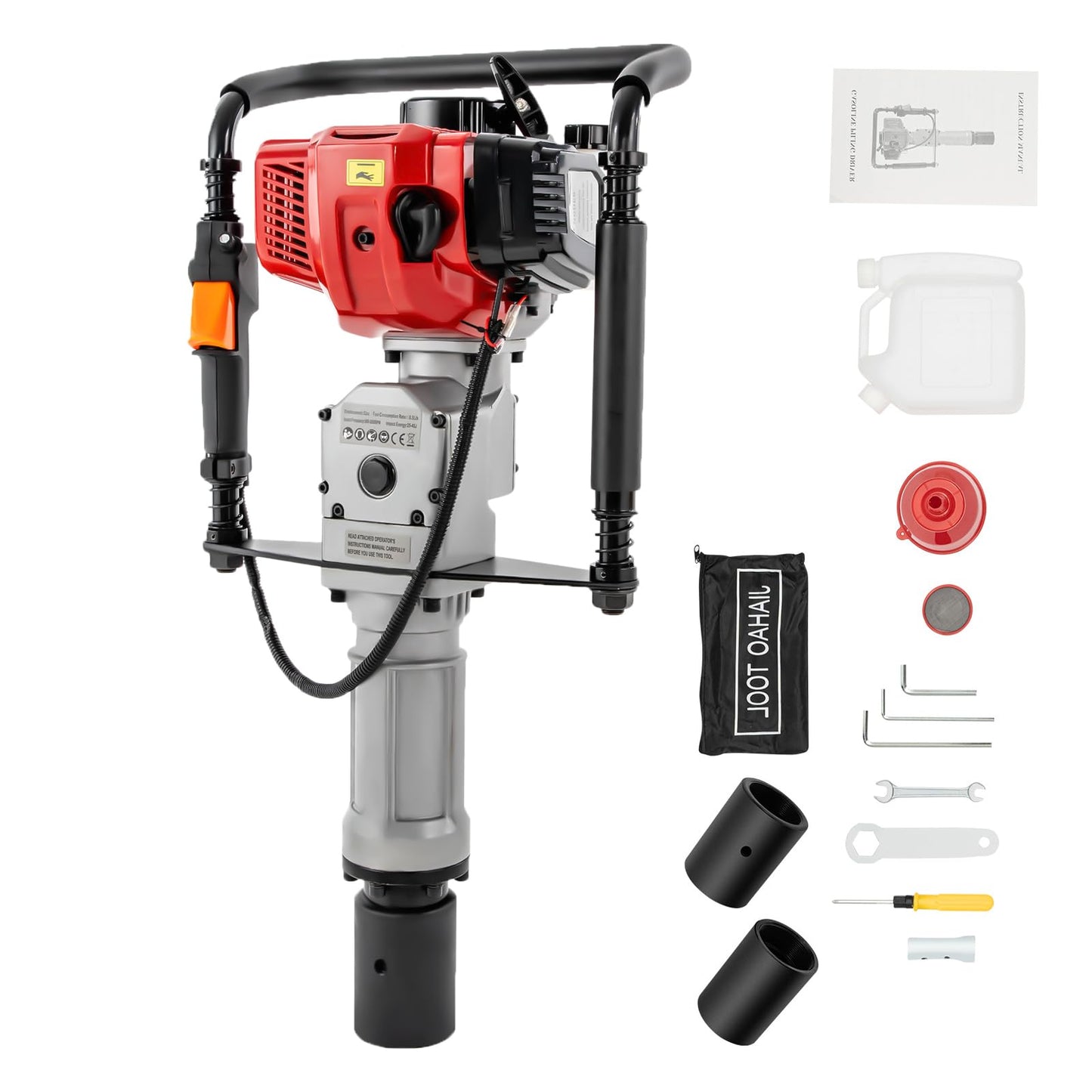 POIOKLJRE 52CC Gas Powered T Post Driver, 1900W Air-Cooled Petrol Piledriver w/Shock Absorption & 2 Socket Sizes (55/70mm), for Fencing & Solar