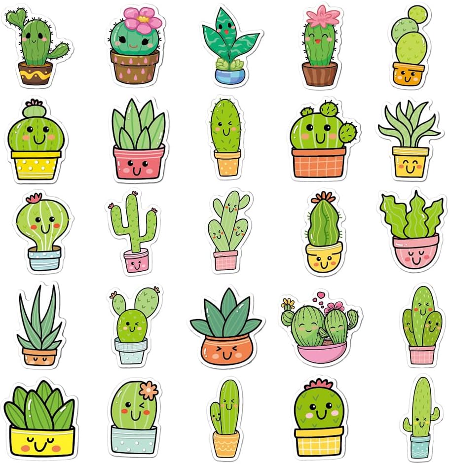 Ratgoo 50 Pack Pcs Lovely Cactus Stickers Cheerful Green Botanical Waterproof Vinyl Decal Stickers for Water Bottles