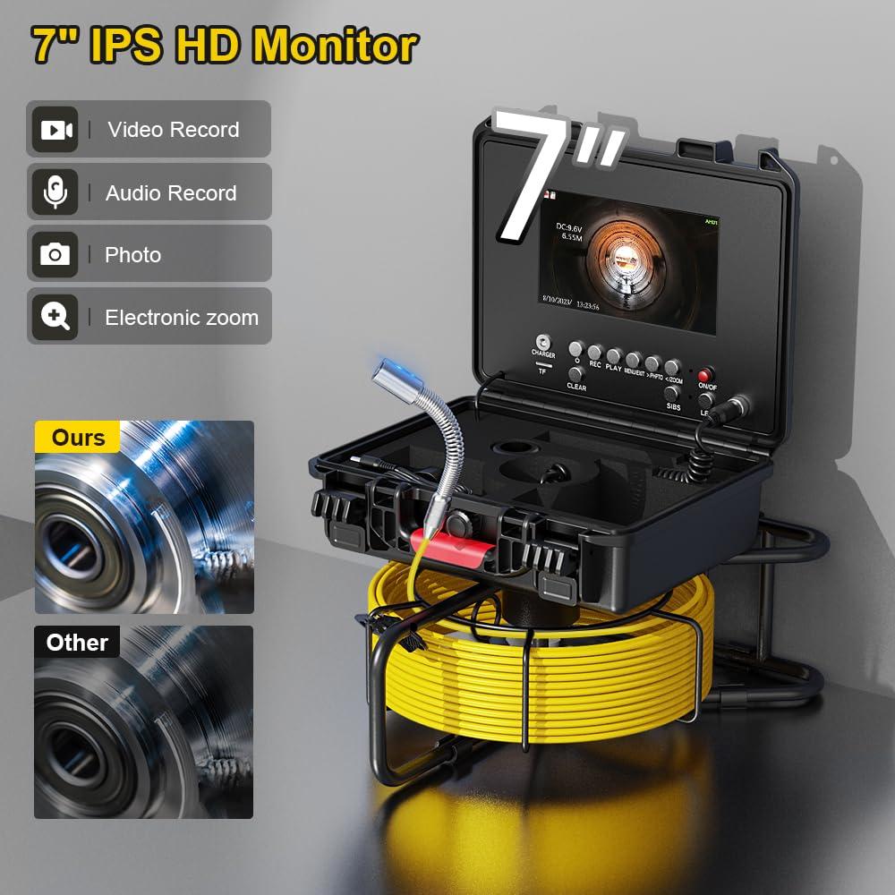 SYOWNFS Sewer Camera with 512Hz Sonde Self-Leveling, Pipe Inspection Camera with DVR Recorder, Endoscope with 12pcs LED Lights for Plumbing, 100ft/30m (16GB SD Card Included)