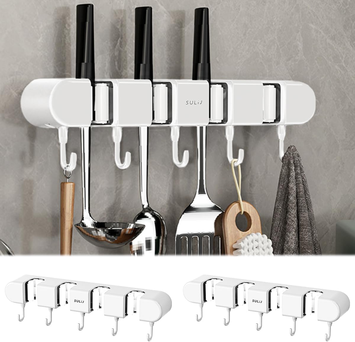 Skiennix Broom Holder Wall Mount - No-Drilling Self-Adhesive Storage Rack with Hooks | 2 Pcs, White