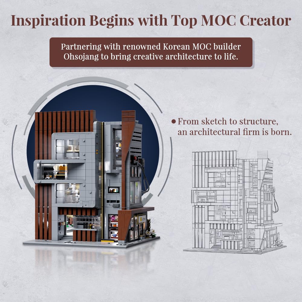 PANTASY Architecture Studio Building Set, Korean MOC Artist Ohsojang Collaboration, Modular 3-Story Modern Office with LED Lighting, Urban Street Scene Brick Model with 5 Minifigures