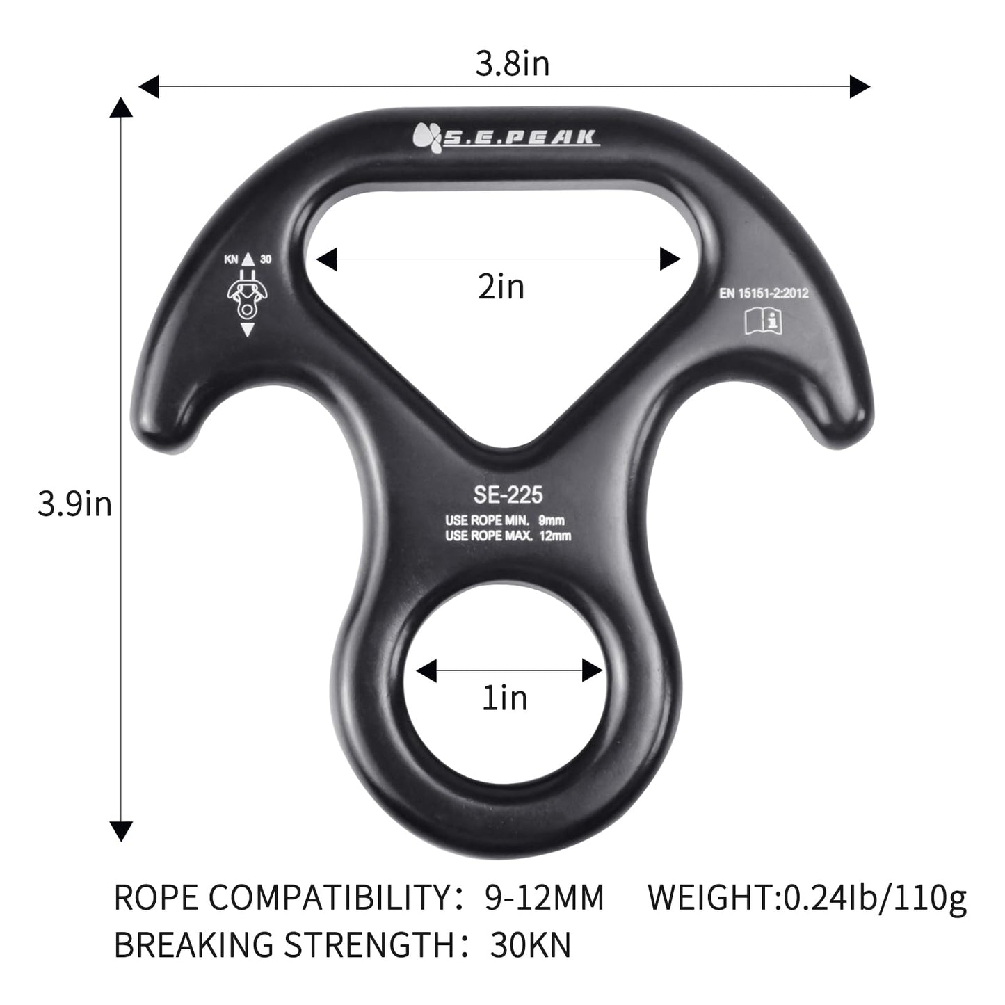 S.E.PEAK 30kN Rescue Figure 8 Descender with Bent-Ear, Rappelling Gear Downhill Equipment Belay Device for Rock Climbing/Aluminum Alloy, Black