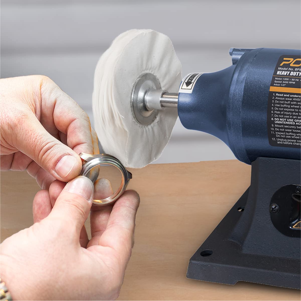 POWERTEC 6-Inch Bench Buffer Jewelry Polisher - Includes 4PCs 80Ply Thic Buffing Wheels | Ideal Benchtop Buffing Machine for Polishing Metal, Jewelry, Knives, Wood, Jade, and Plastic (BF601C)