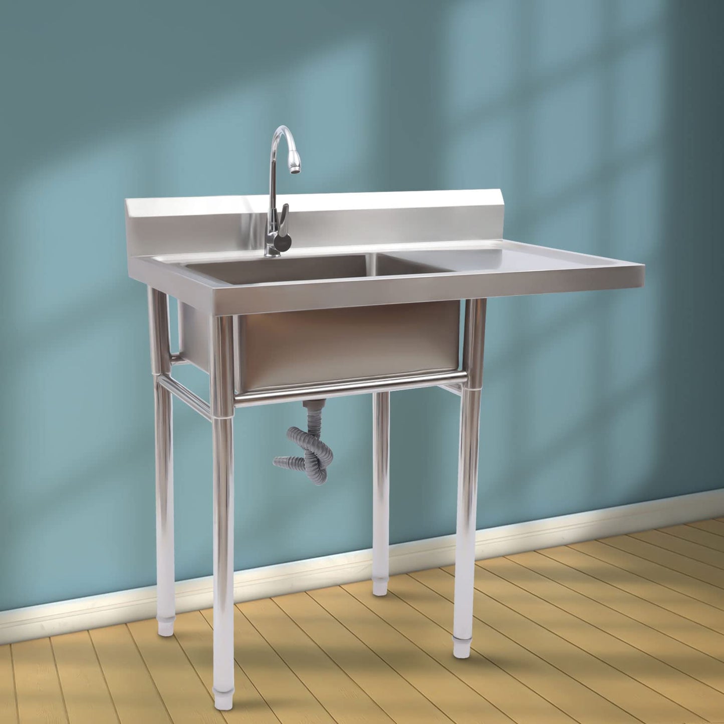 Free Standing Single Bowl Sink,Commercial Restaurant Kitchen Sink Set w/Faucet&Drainboard,1 Compartment Utility Washing Hand Basin w/Workbench&Storage Shelves for Indoor Outdoor (One Bowl)
