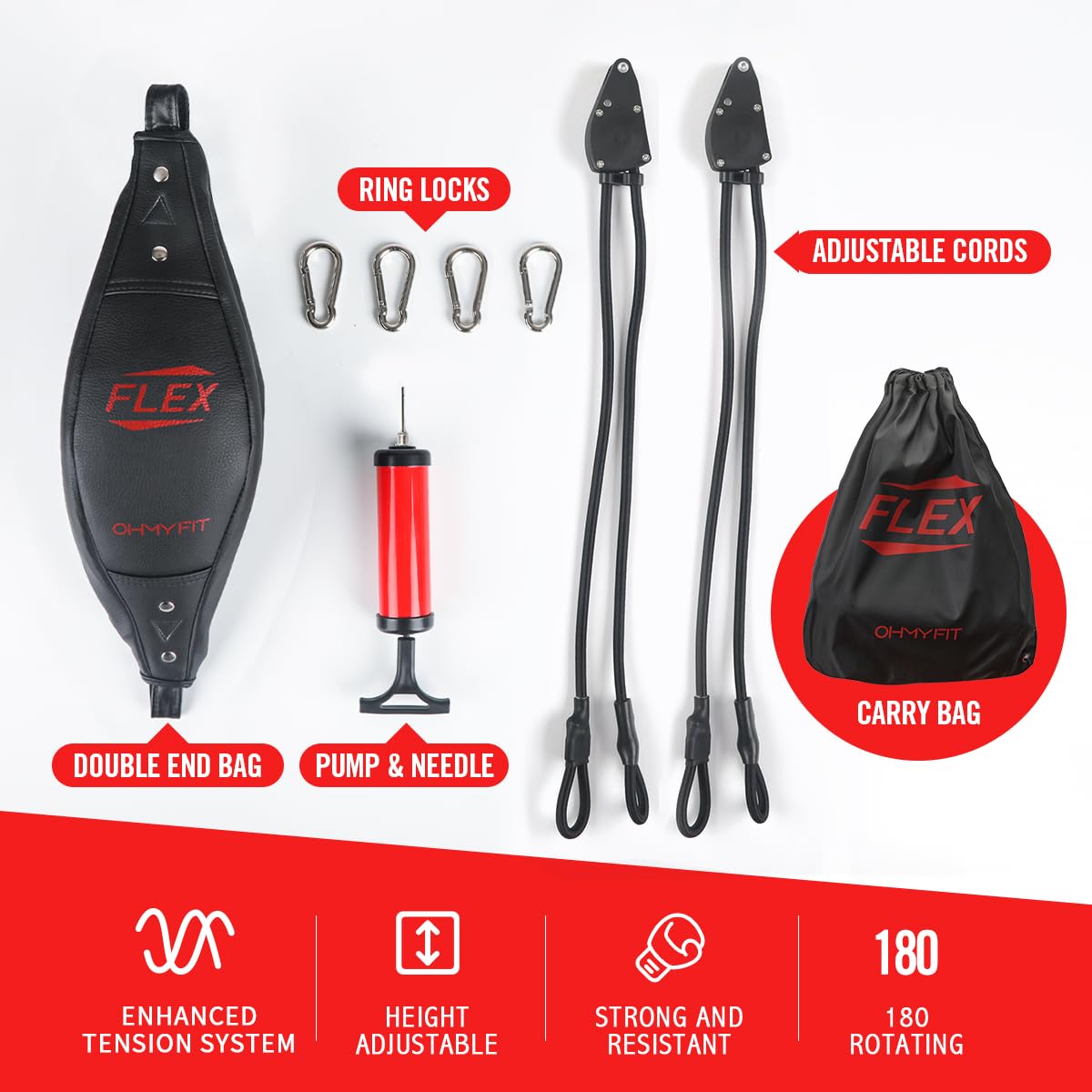 OHMY FIT Flex Double End Punching Bag - Bungee Cords w/Special Flex Adjustable System - Durable Bladder Speed Bag - Boxing Training Equipment for Adults - Home Gym Accessories (Elliptical)